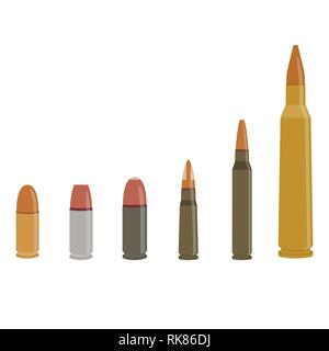 Vector illustration different types of bullets isolated on white background. Rifle bullets caliber Stock Vector