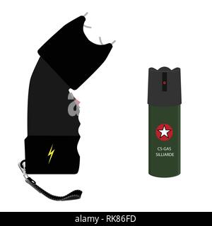 Vector bottle of pepper spray and taser isolated on white background. Pepper gas spray and electoshock. Weapon icon set Stock Vector