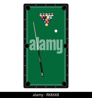 Vector illustration realistic pool table with set of billiard balls and cue. Billiard table with green cloth top view Stock Vector