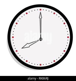 Vector simple classic black and white round wall clock isolated on white. Clock on wall shows eight o'clock Stock Vector
