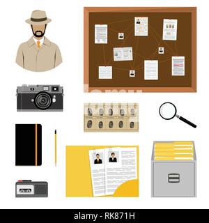 Detective, investigator vector icon set. Vector illustration. Detective character with equipment Stock Vector