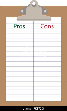 Pros cons concept. Pros Cons list paper on clipboard. Vector illustration Stock Vector