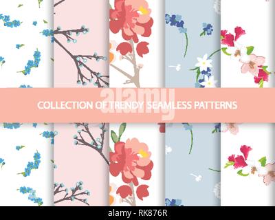 Collection of Trendy Floral pattern in the many kind of flowers.  Seamless vector texture. Elegant template for fashion prints. Printing with in hand  Stock Vector