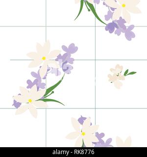 Pastel color seamless pattern spring branch delicate and beautiful wild blooming flowers vector pattern with  check or grid check for fashion ,wallpap Stock Vector