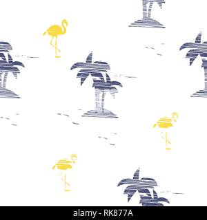 Vintage Beautiful seamless island pattern Landscape with palm trees, flamingo and ocean vector hand drawn style on white background. Stock Vector