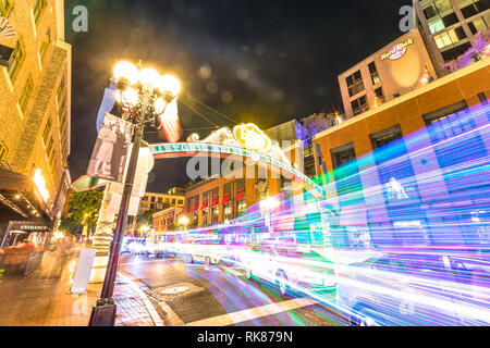 San Diego, California, United States - July 31, 2018: Historic Heart of San Diego sign entrance of San Diego's Gaslamp Quarter in Downtown with Stock Photo