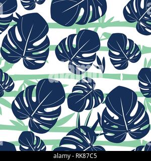 Summer Navy blue tropical forest leaves bright mood on sky blue seamless pattern, background  for fashion fabric ,wallpaper book or card Stock Vector
