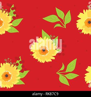 Seamless repeat pattern with yellow spring flowers, berries and leaves isolated on red background. Hand drawn fabric, gift wrap, wall art design. Stock Vector