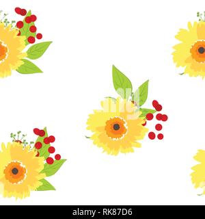 Seamless repeat pattern with yellow spring flowers, berries and leaves isolated on white background. Hand drawn fabric, gift wrap, wall art design. Stock Vector