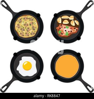 vector set of pans with pancake, fried egg, omelet with mushrooms and fried meat with potatoes. collection of breakfast, dinner and supper flat icons  Stock Vector