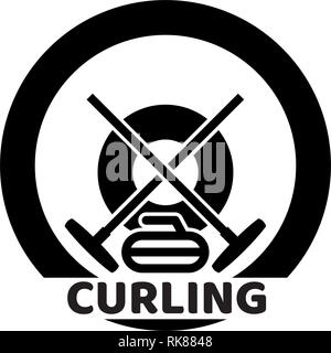 vector curling sport logo with curling stone and sweeping broom. black and white illustration of winter sport game Stock Vector