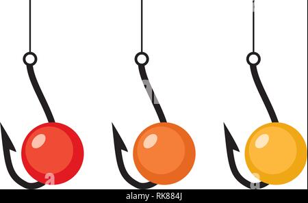 vector fishing hooks and red, orange and yellow baits isolated on white.background. fish bait and hook icons Stock Vector