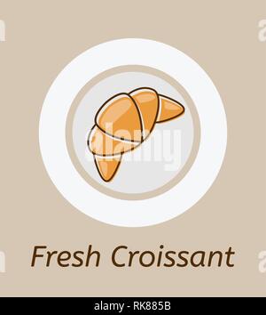 vector drawing of croissant and plate icon. french food breakfast pastry symbol. croissant bakery design on brown background Stock Vector
