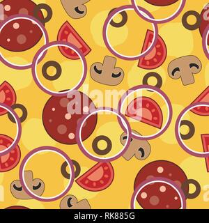 vector seamless pizza pattern with ketchup, sausages slices, cheese, mushrooms, olives and onion. italian pizza seamless background Stock Vector