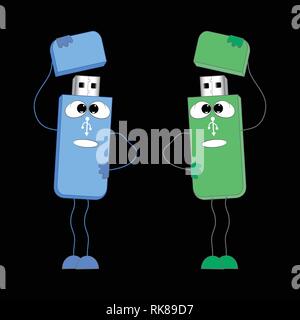 two usb flash drive cartoon vector illustration Stock Vector