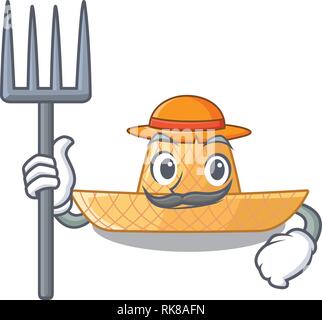 cartoon farmer man with a peasant hat icon over white background