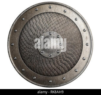 Round rustic metal shield covered by scales isolated 3d illustration Stock Photo