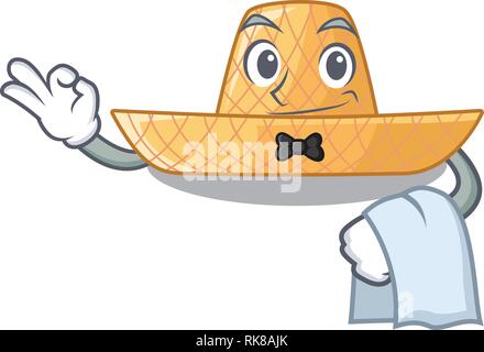 Waiter straw hat in a wooden cartoon Stock Vector