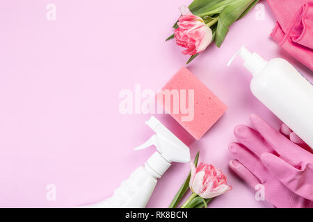 Spring cleaning concept - cleaning products, gloves sponges Stock Photo