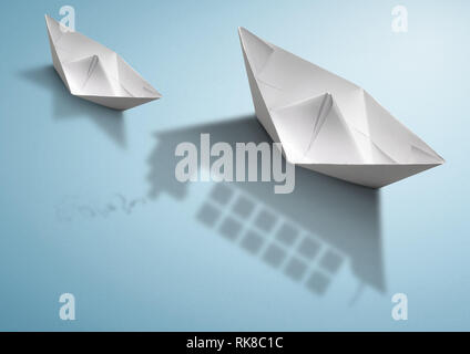 shipping concept, paper boat with container ship shadow Stock Photo
