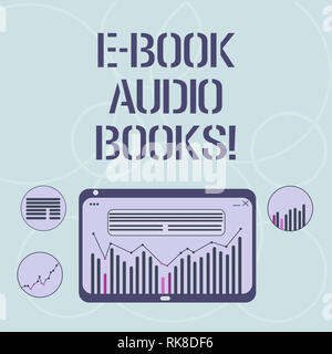 Word writing text E Book Audio Books. Business concept for recording on CD or cassette of reading novel story news Digital Combination of Column Line  Stock Photo