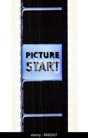 Extreme close up of 35mm movie film strip with picture start text message  on frame Stock Photo - Alamy