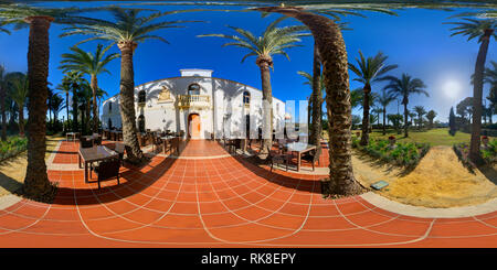 360 degree panoramic view of 360 degree image of the patio area outside of El Cason the bar, restaurant, club house at Hacienda Riquelme Golf Resort