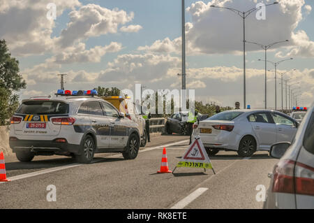 Road blocked due to a traffic accident. Photographed in the Galilee, Israel Stock Photo