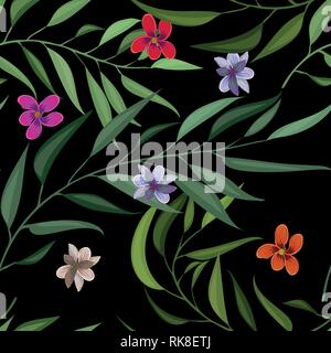 Tropical seamless pattern with palm leaves and flowers. Vector illustration Stock Vector