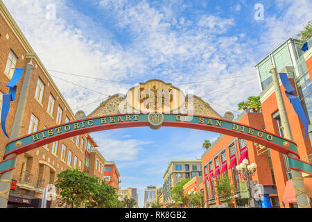 San Diego, California, United States - July 31, 2018: Historic Heart of San Diego sign entrance of San Diego's Gaslamp Quarter in Downtown with Stock Photo