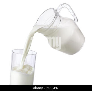 Pouring milk from jug into glass isolated on white background Stock Photo