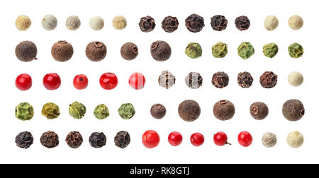 Different peppercorns. Black, red, white peppercorns isolated on white background, collection Stock Photo