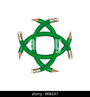 abstract pattern of four crossed curved green pencils isolated on white background Stock Photo