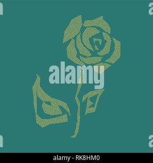 Beautiful dotty sketch, rose flower on a green background Stock Vector