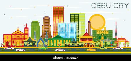 Cebu City Philippines Skyline with Color Buildings and Blue Sky. Vector Illustration. Business Travel and Tourism Concept with Modern Architecture. Stock Vector