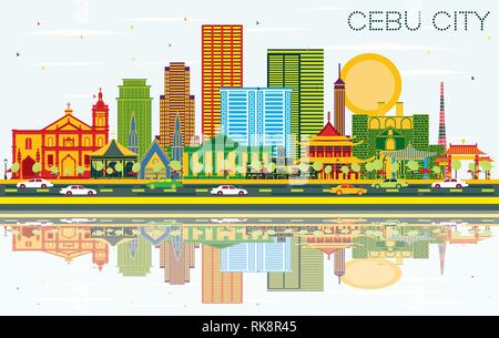 Cebu City Philippines Skyline with Color Buildings, Blue Sky and Reflections. Vector Illustration. Business Travel and Tourism Concept. Stock Vector