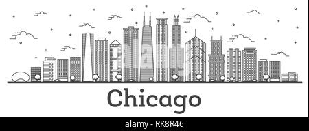 Outline Chicago Illinois City Skyline with Modern Buildings Isolated on White. Vector Illustration. Chicago Cityscape with Landmarks. Stock Vector