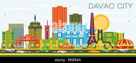 Davao City Philippines Skyline with Color Buildings and Blue Sky. Vector Illustration. Business Travel and Tourism Illustration. Stock Vector