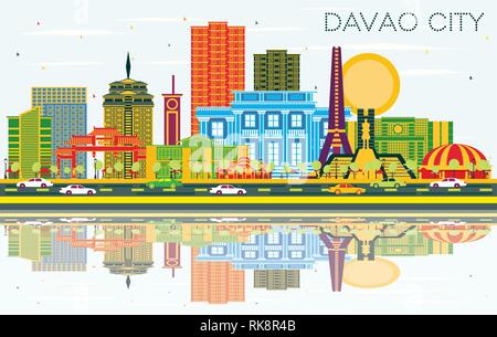 Davao City Philippines Skyline with Color Buildings, Blue Sky and Reflections. Vector Illustration. Business Travel and Tourism Illustration. Stock Vector