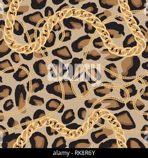 Leopard Seamless Pattern with Golden Chain. Vector Illustration. Animal Print. Stock Vector