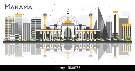 Manama Bahrain City Skyline with Gray Buildings and Reflections Isolated on White Background. Vector Illustration. Stock Vector