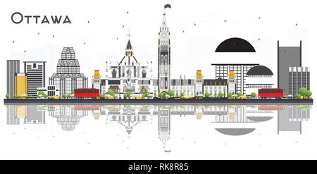 Ottawa Canada City Skyline with Gray Buildings and Reflections Isolated on White Background. Vector Illustration. Tourism Concept with Modern Building Stock Vector