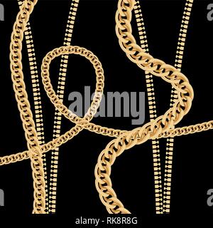 Gold Chain and Metal Zipper on Black Background. Vector Illustration. Stock Vector