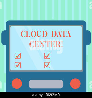 Word writing text Cloud Data Center. Business concept for off premise form computing that stores data on Internet Drawn Flat Front View of Bus with Bl Stock Photo