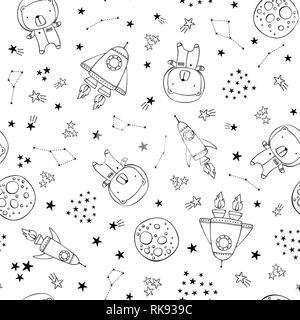 seamless pattern with cute astrunaut bear, spaceship and stars in black and white. modern hand drawn style. design for babies and kids Stock Vector