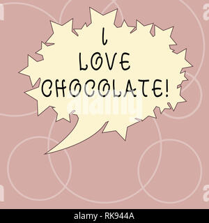 Word writing text I Love Chocolate. Business concept for admire food made from roasted and ground cacao seeds Blank Oval Color Speech Bubble with Star Stock Photo