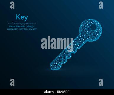 Key low poly vector illustration, door key icon on blue background, abstract design illustration Stock Vector