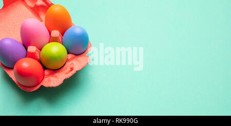 Easter eggs, pastel colors painted in a carton case, green background, banner, copy space Stock Photo