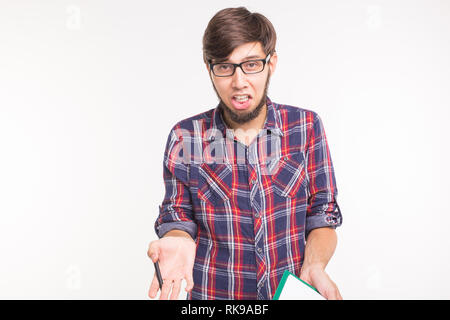 Business and emotions concept - Portrait of angry man screaming at camera on white background with copy space Stock Photo