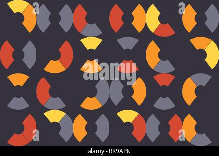 Seamless, abstract background pattern made with pieces of circle shapes. Modern, playful vector art in yellow, orange and grey colors. Stock Vector